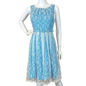 Eva Franco Lace Pleated Belted Cocktail Dress Aqua Blue Ivory White Size 6
